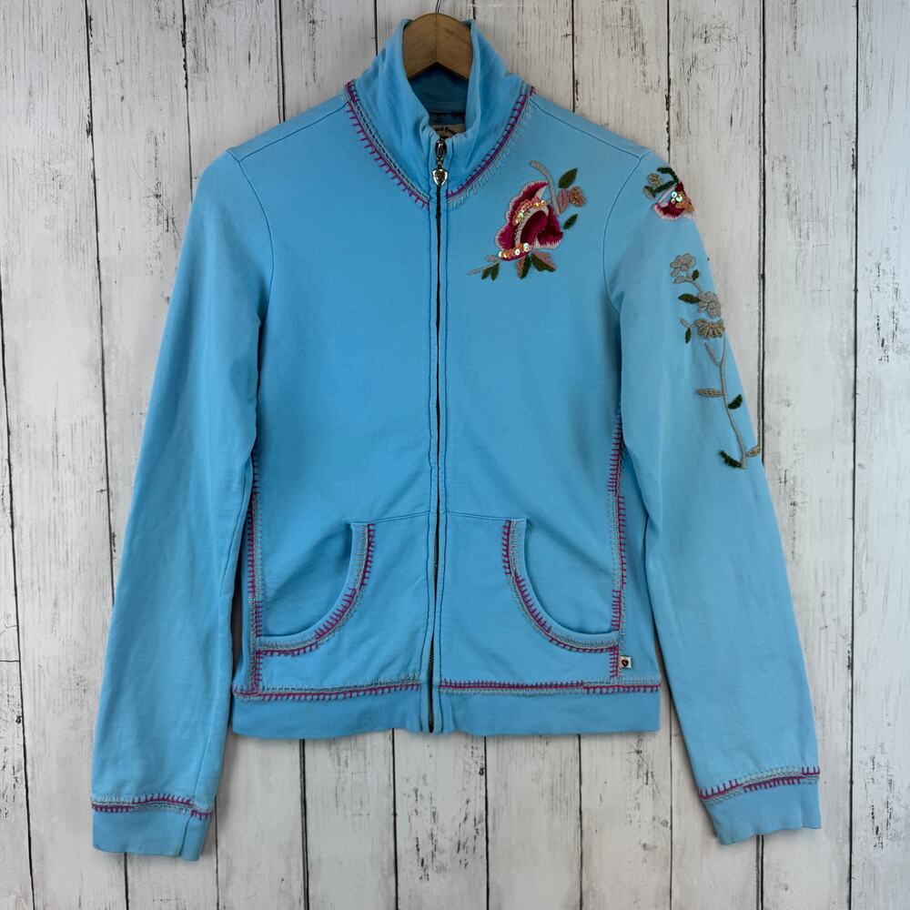 VTG Twisted Heart Blue Y2K Floral Embroidered Sequin Full Zip Jacket Size Medium - Picture 1 of 14